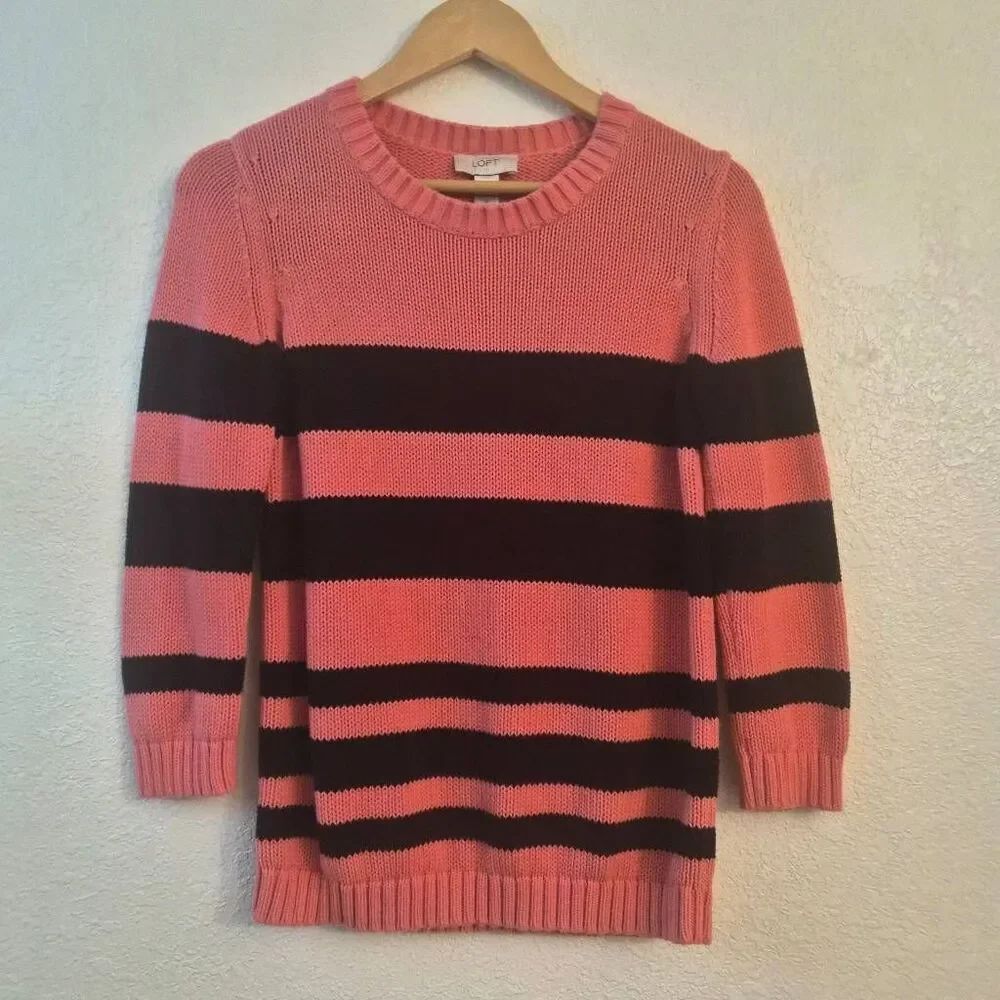 LOFT Pink & Navy Blue Striped Long-sleeve Sweater: Fun Nautical Coastal Summer